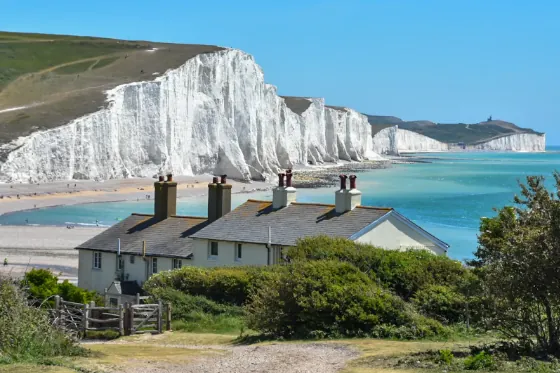 Seven Sisters chalk cliffs and coastguard cottages, East Sussex